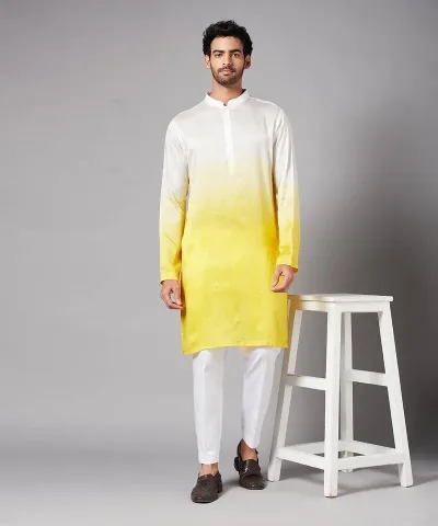 Men's Yellow And White Raw Silk Kurta Set